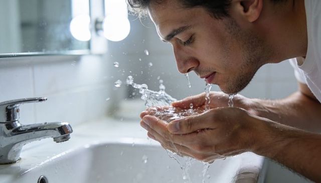 Adult man splashing face with water at bathroom sink, morning grooming routine closeup