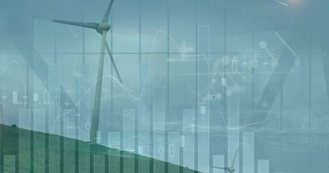 Blending wind turbine with finance charts and digital data analytics overlay