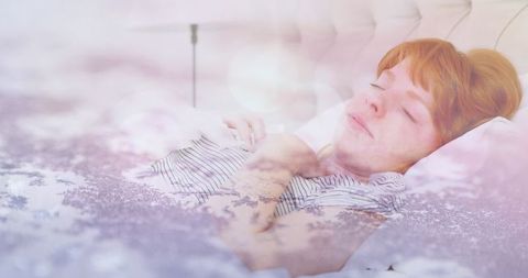 Woman blowing nose in bed amid winter scenery overlay
