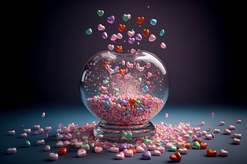 Colorful candy hearts spilling from glass vase