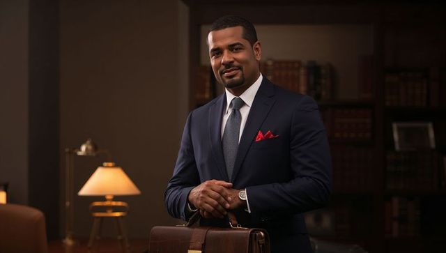 Confident executive standing with leather briefcase in classic office library, navy suit
