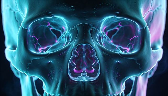Translucent neon skull glowing with cyan magenta neural filaments futuristic anatomy