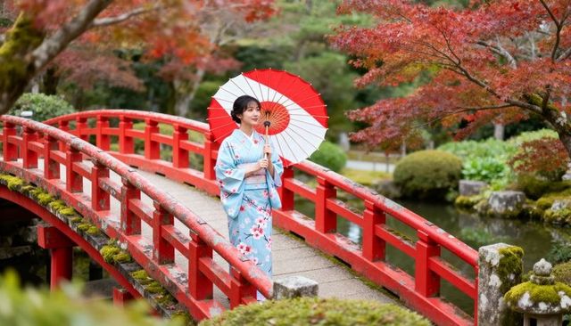 Asian woman wearing floral kimono holding parasol on red arched bridge in autumn garden