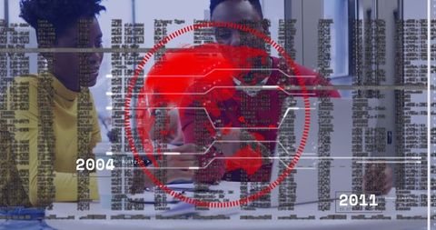 Team Collaborating Over Smartphone and Documents with Red Digital Globe Data Overlay in Modern Offic