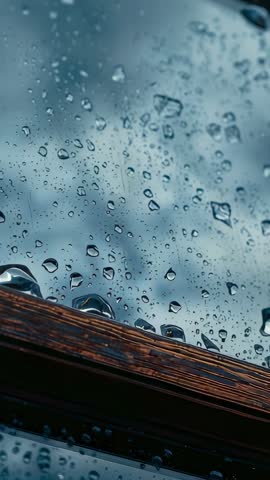 Vertical Rain on Tempered Glass Showing Droplets Merging and Sliding on Wood Frame