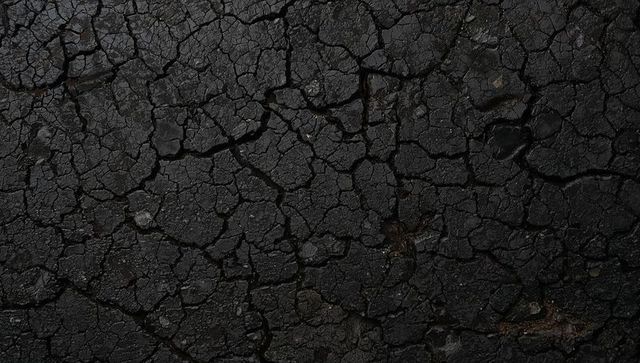 Dark cracked earth texture showing polygonal fissures, gravel and desiccated asphalt