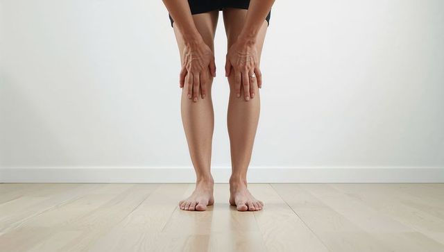 Woman bending forward placing hands on knees showing ring barefoot on light wood floor