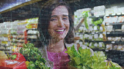 Smiling Woman Grocery Shopping with Financial Data Overlay