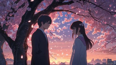 Romantic sunset under cherry blossoms with lovers tradition