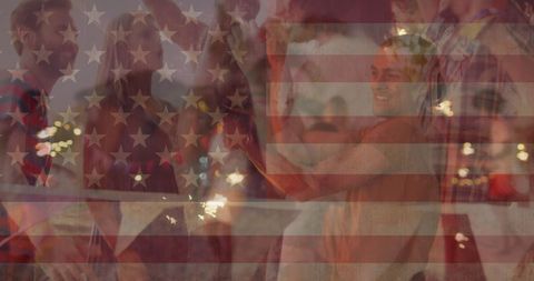Diverse Group Celebrating with American Flag Overlay