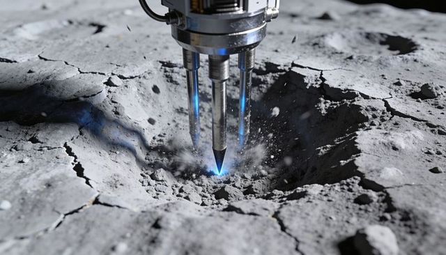 Robotic drill penetrating lunar regolith with blue plasma plume ejecting dust and debris