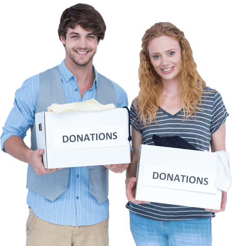 Young couple smiling holding charity donation boxes transparent background
