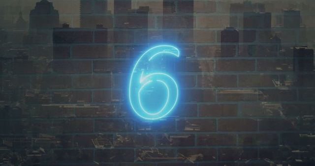 Neon number six on urban wall with cityscape background