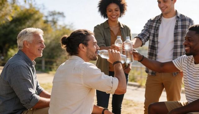 Friends sharing bottled water on sunlit park trail, diverse group enjoying outdoors