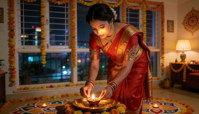 Indian woman lighting diya in red and gold saree with rangoli and marigold garlands