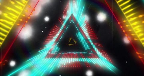 Looping neon triangle tunnel showing gold emblem and retro futuristic glow