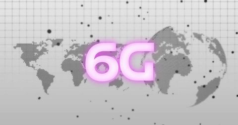 Glowing neon 6g over halftone world map and digital grid for global connectivity