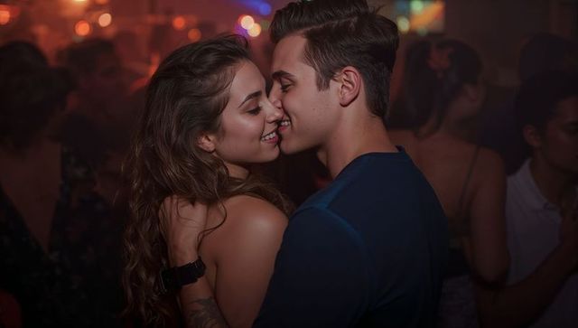 Couple smiling and sharing romantic moment on crowded nightclub dance floor