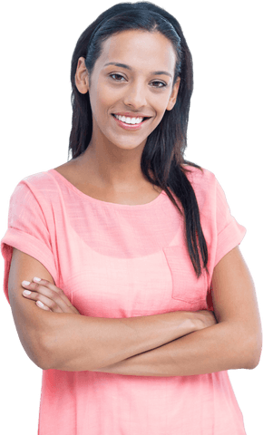 Confident Smiling Woman on Transparent Background, Arms Crossed