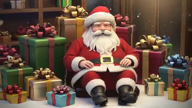 Santa Claus Sitting Amongst Opened Christmas Gifts in Festive Workshop