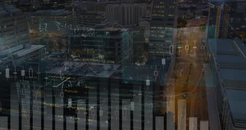 Futuristic Data Processing Over Urban Cityscape at Night