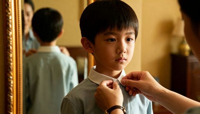 Young boy having shirt collar buttoned by adult during warm morning routine with mirror
