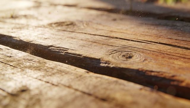 Golden-hour weathered wooden planks closeup featuring knot, grain and floating dust motes