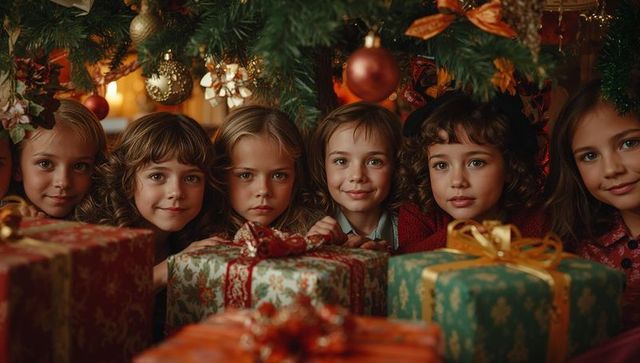 Six children excitedly peeking at presents under christmas tree