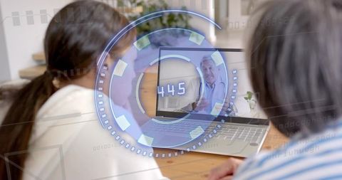 Adult daughter and mother watching telehealth video call with virtual hud interface