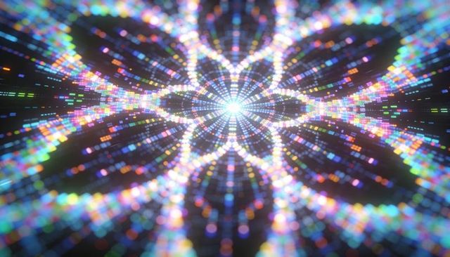 Forming radiant particle vortex converging on bright core with neon bokeh symmetry ai-generated