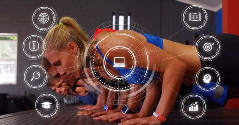 Group Training Performing Push-ups Wearing Wearable Fitness Trackers with HUD Overlay