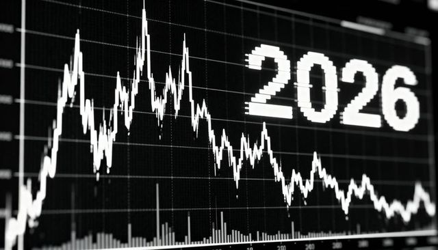 High-contrast 2026 market trend chart showing volatility and decline with volume bars