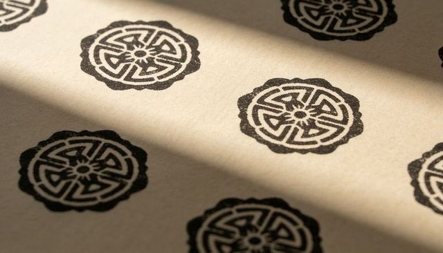 Hand-stamped radial seal pattern on kraft paper with diagonal light bands and textured grain