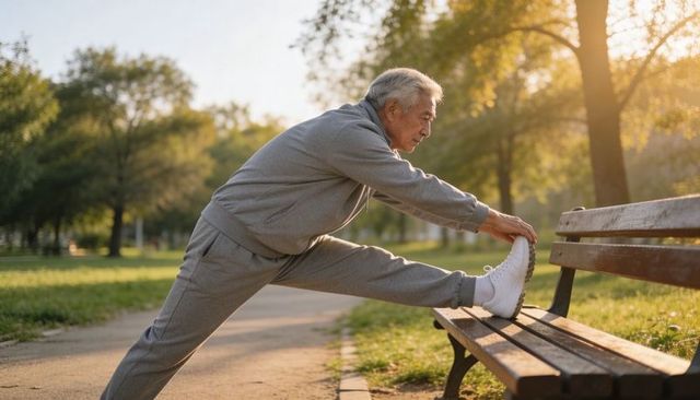 Senior asian man stretching leg on park bench at sunrise practicing gentle morning fitness