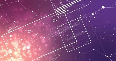Displaying futuristic data interface with wireframe panels, network nodes, neon gradient