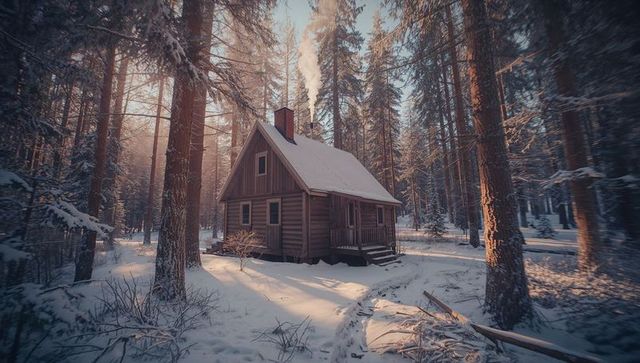 Rustic Cabin with Smoke in Forest During Winter