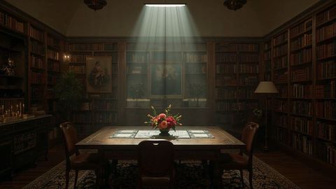 Elegant Home Library with Wooden Table and Floral Centerpiece