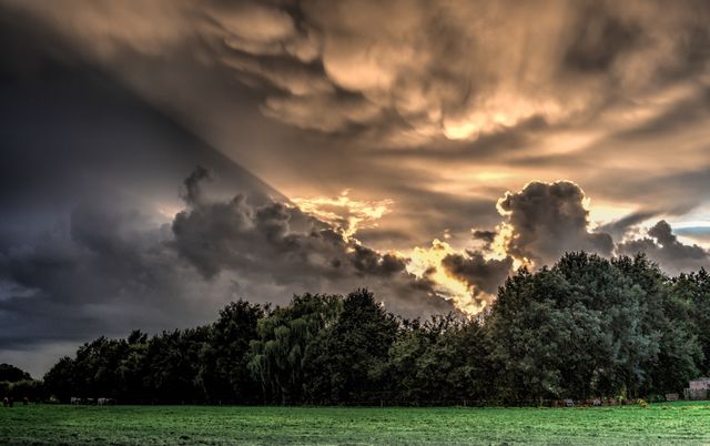Sunset with dark, stormy clouds casting dramatic light over the forest and green field. Ideal for weather-related themes, nature photography collections, and seasonal outdoors content.