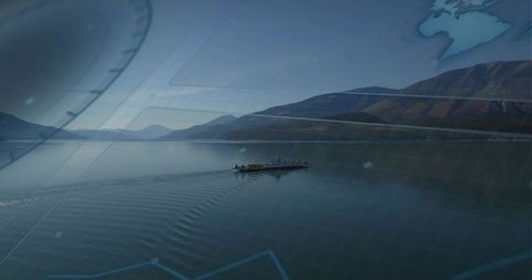 Crew piloting research vessel across tranquil lake with digital navigation infographic