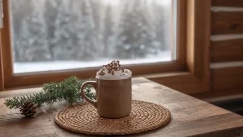 Zooming on cozy hot chocolate mug with whipped cream by snowy cabin window