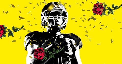 Confident rugby player with roses on vibrant yellow background