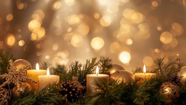 Glowing holiday candlelight featuring gold baubles, evergreen garland and warm bokeh glow