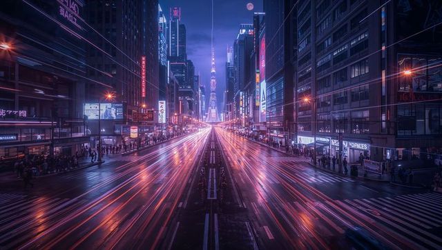 Neon Night Avenue with Light Trails Leading to Distant Tower in Futuristic Cyberpunk City