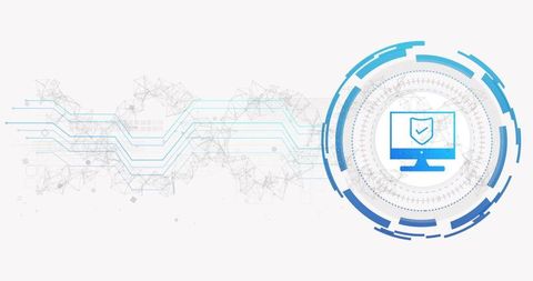 Cybersecurity Circular HUD Protecting Monitor with Shield Checkmark and Network Traces