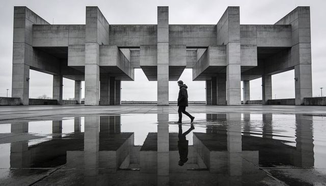 Solitary figure walking across reflective wet plaza under brutalist concrete pavilion