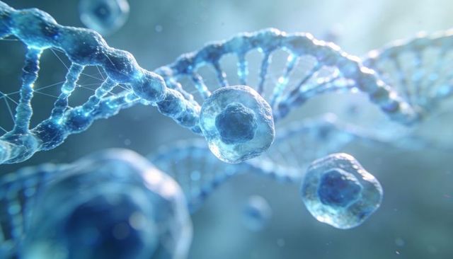 Glowing dna helix with floating cells revealing microscopic molecular structure concept