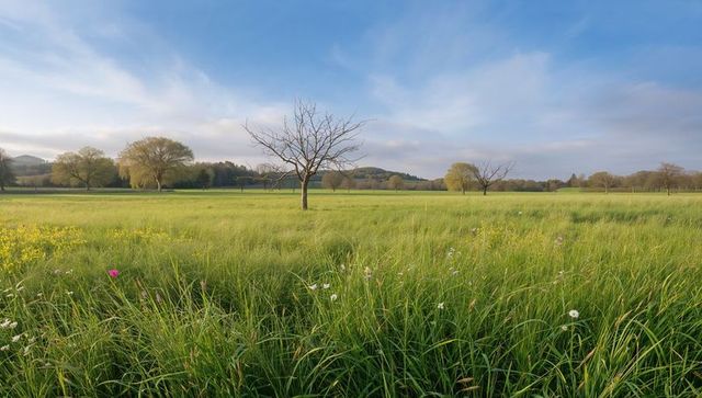 Solitary leafless tree standing in lush meadow with wildflowers under blue sky dawn glow