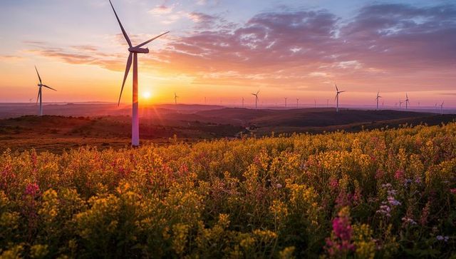 Wind Turbines at Sunset Over Flowered Hillside Landscape