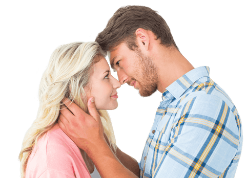 Transparent Romantic Couple Embracing and Smiling at Each Other
