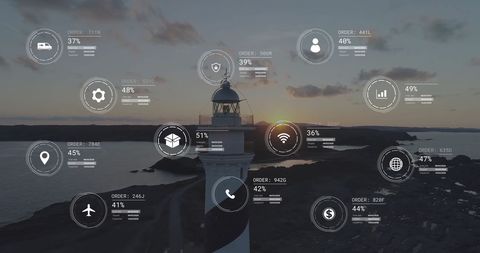 Global network connections over coastal landscape